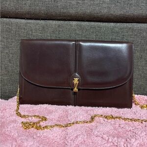 Celine Vintage Brown Leather Clutch with Gold Chain